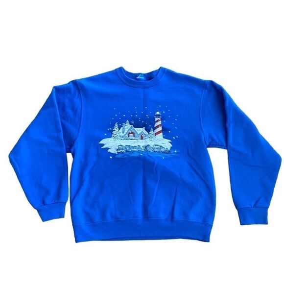 Vintage Crewneck Lighthouse Snow Scene Blue sweatshirt - Picture 1 of 3